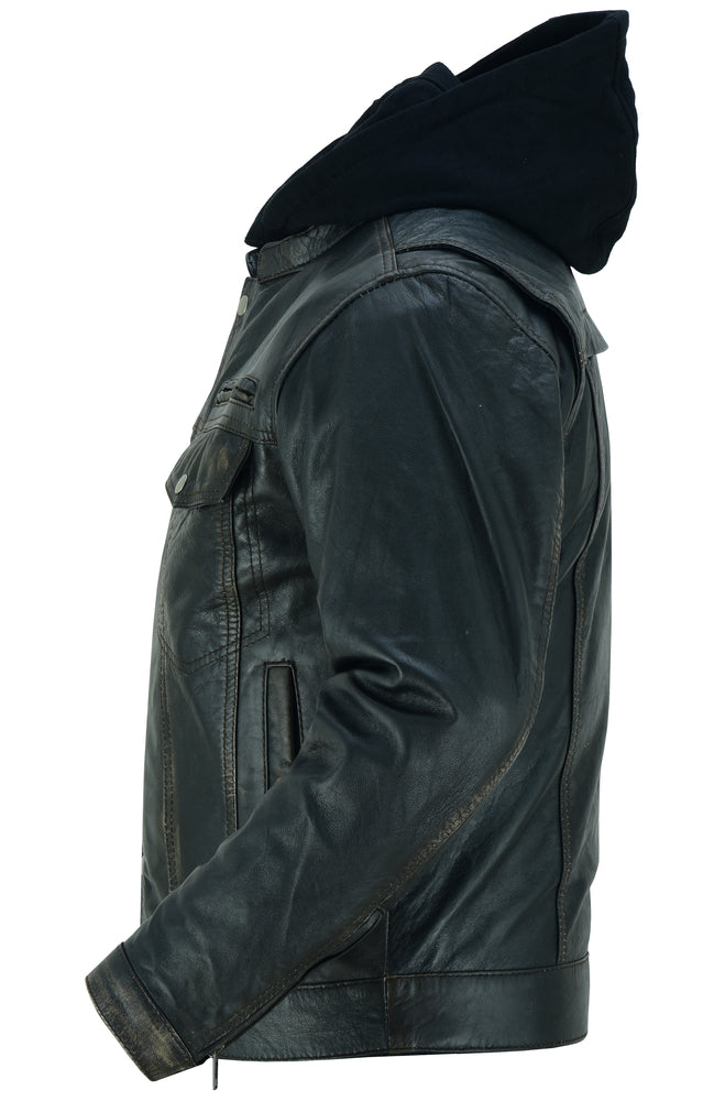RC Men's Black Lightweight Drum Dyed Distressed Lambskin Jacket with Removable Hoodie