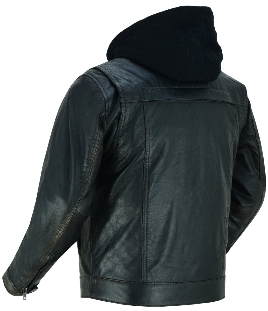 RC Men's Black Lightweight Drum Dyed Distressed Lambskin Jacket with Removable Hoodie