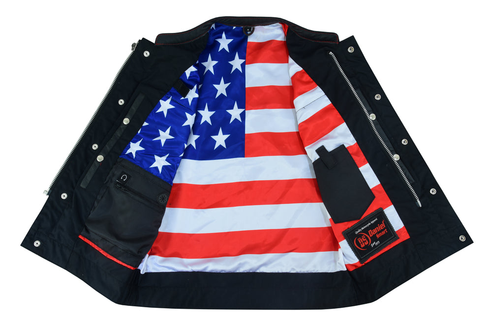 RC Mens's Leather Motorcycle Vest with Scoop Collar & USA Flag