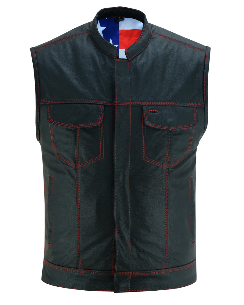 RC Mens's Leather Motorcycle Vest with Scoop Collar & USA Flag