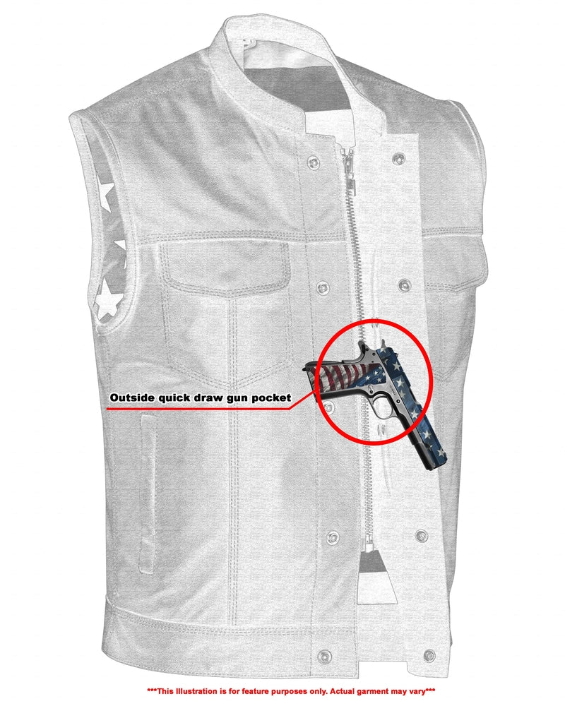 RC Mens's Leather Motorcycle Vest with Scoop Collar & USA Flag