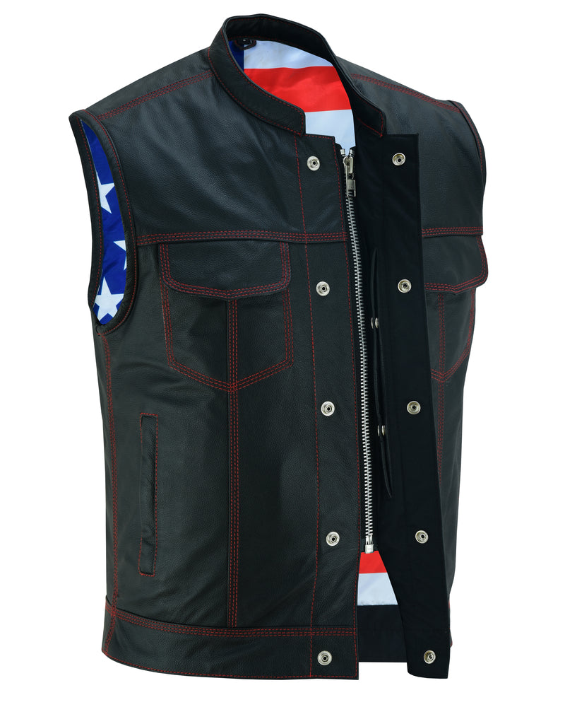 RC Mens's Leather Motorcycle Vest with Scoop Collar & USA Flag