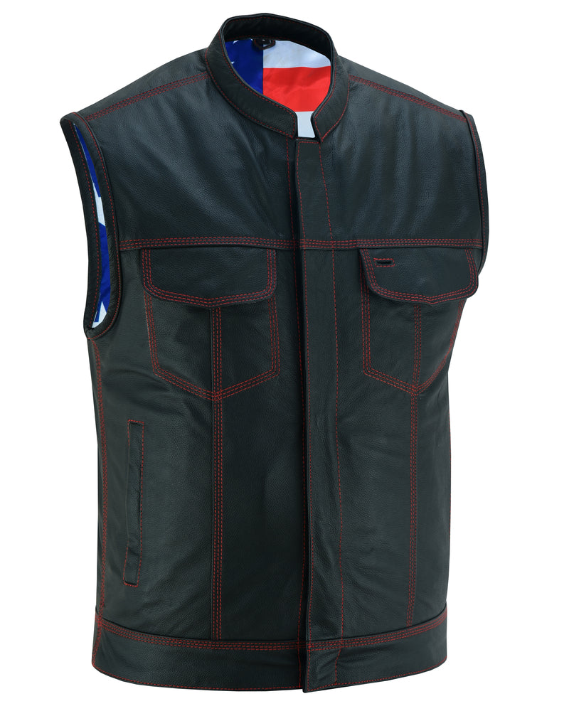 RC Mens's Leather Motorcycle Vest with Scoop Collar & USA Flag