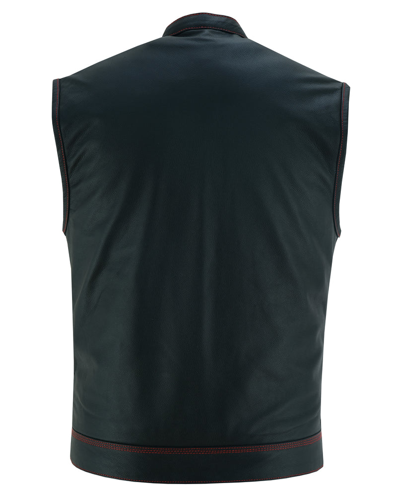 RC Mens's Leather Motorcycle Vest with Scoop Collar & USA Flag