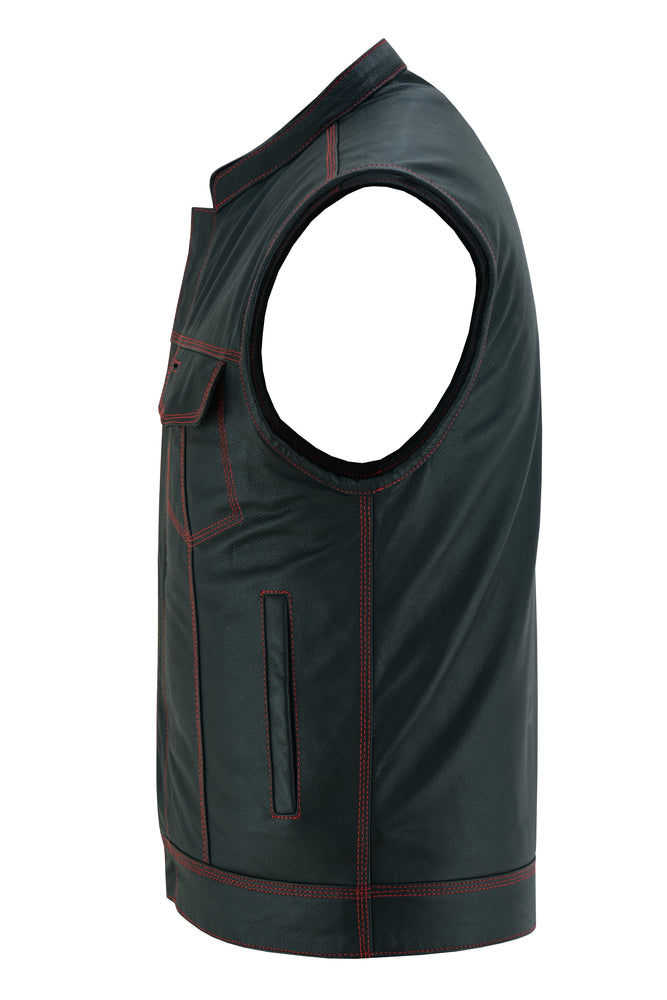 RC Mens's Leather Motorcycle Vest with Scoop Collar & USA Flag