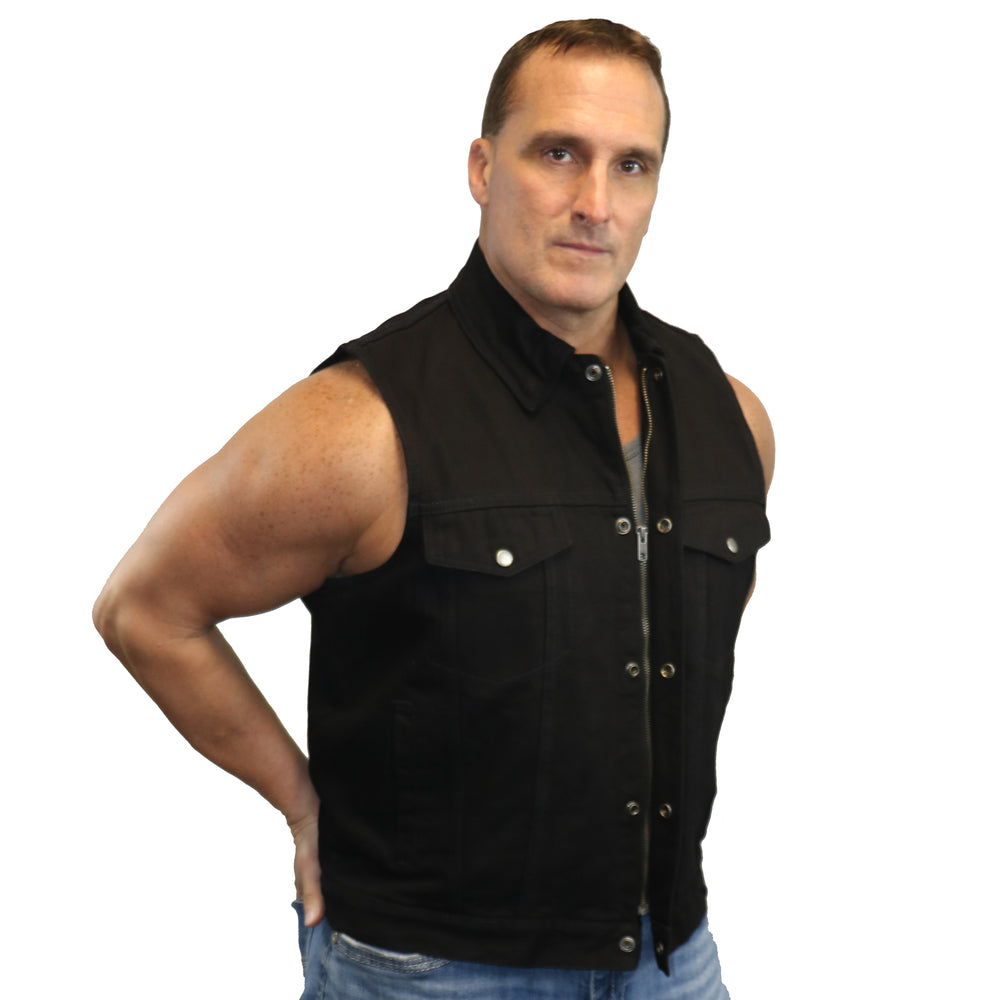 DM Men's Snap/Zipper Front Black Denim Motorcycle Vest