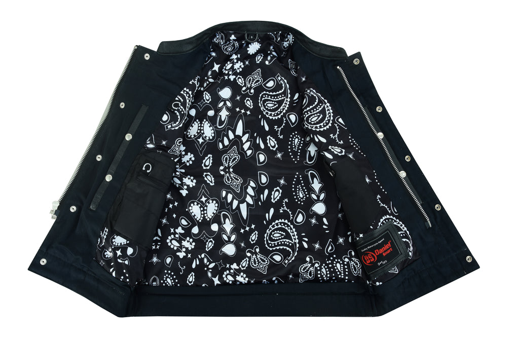 RC Men's Paisley Black Leather Motorcycle Vest with White Stitching
