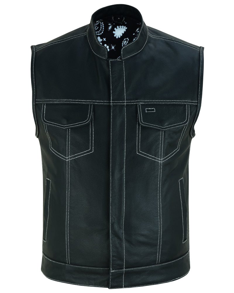 RC Men's Paisley Black Leather Motorcycle Vest with White Stitching