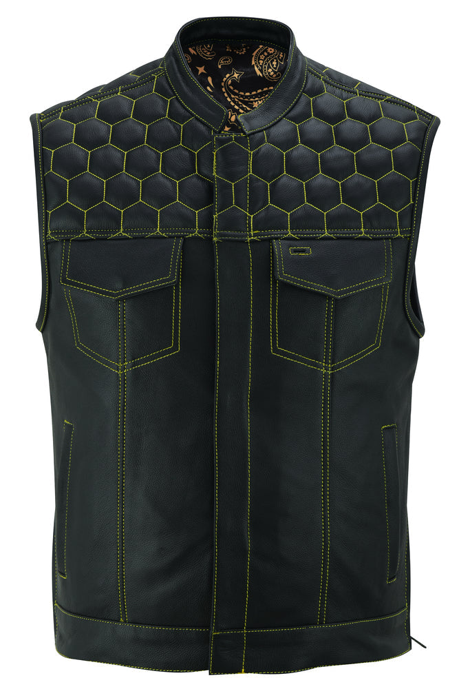 RC Men's Gold Rush Black Leather Vest - Yellow Stitching