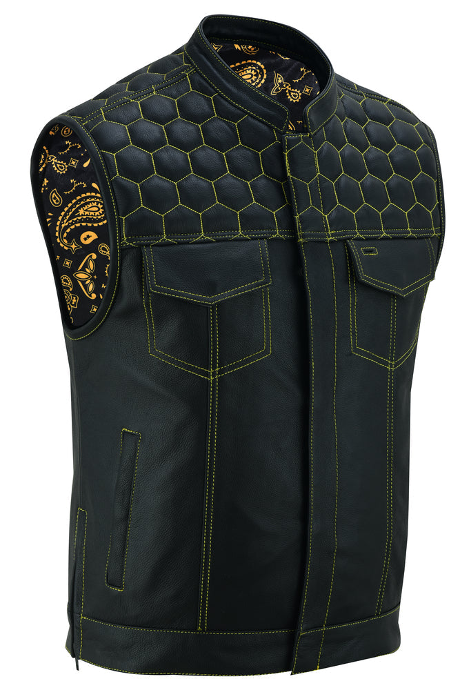 RC Men's Gold Rush Black Leather Vest - Yellow Stitching
