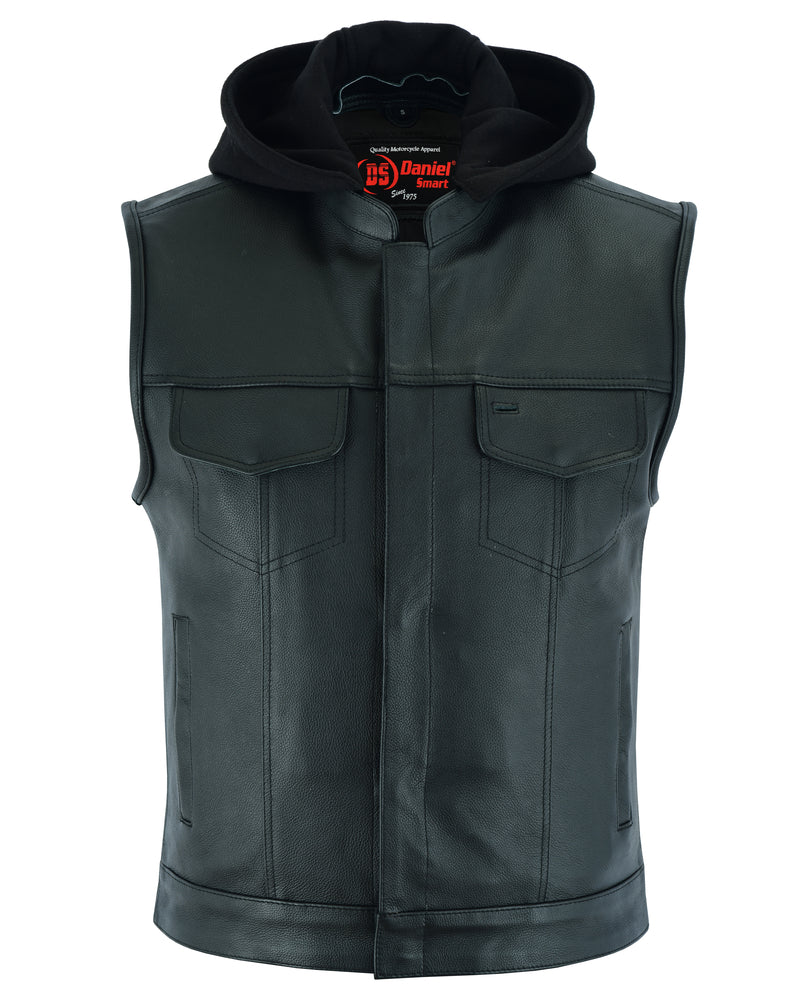 RC Men's Black Leather Motorcycle Vest with Removable Hood