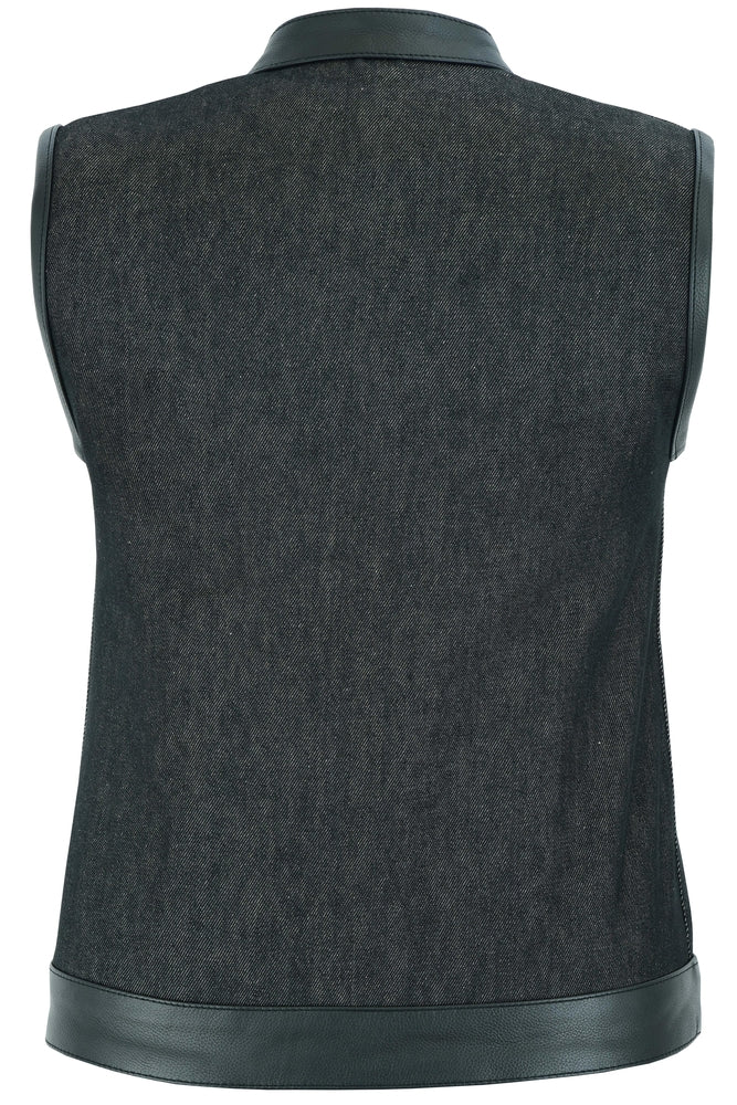 DM Women's Rough Rub-Off Raw Finish Denim Vest W/Leather Trim
