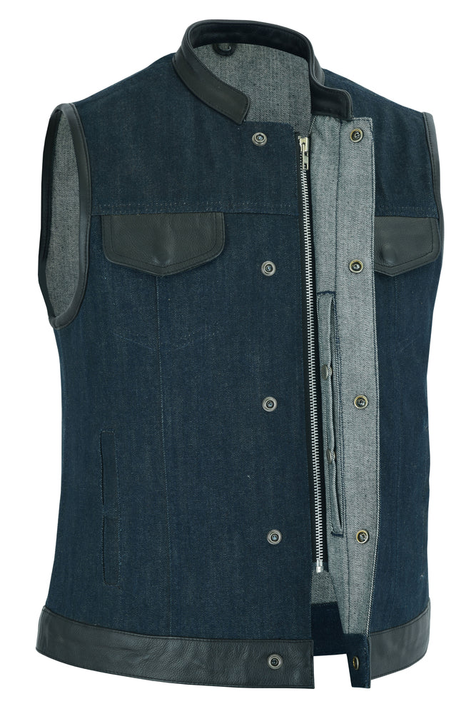 DM Women's Broken Blue Rough Rub-Off Raw Finish Denim Vest W/Leath