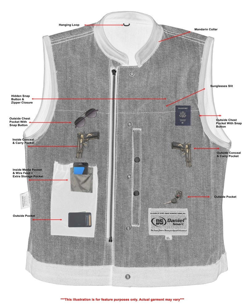 DM Women's Broken Blue Rough Rub-Off Raw Finish Denim Vest W/Leath