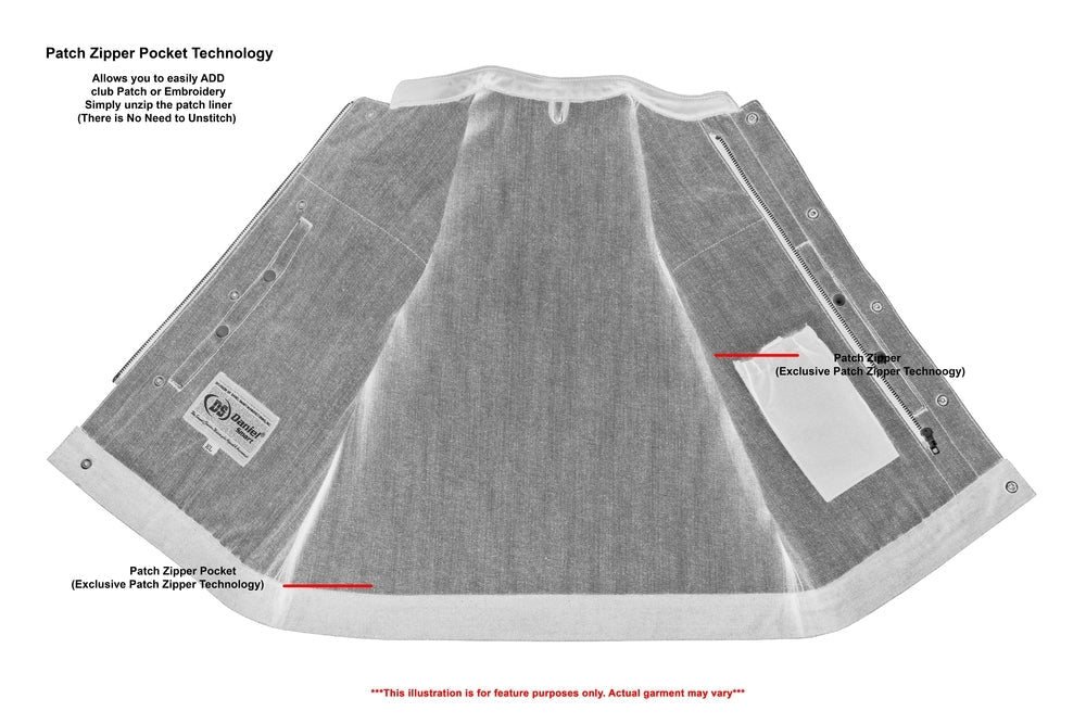 DM Women's Broken Blue Rough Rub-Off Raw Finish Denim Vest W/Leath