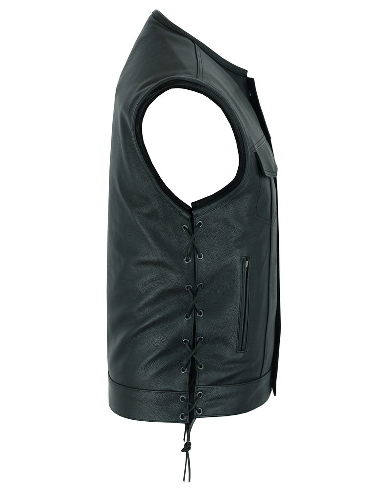 RC Men's Combat Black motorcycle Leather Vest - Gun Pockets & Side Laces