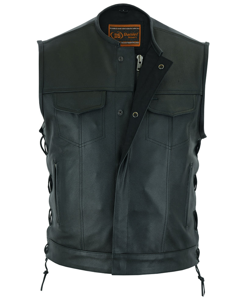 RC Men's Combat Black motorcycle Leather Vest - Gun Pockets & Side Laces