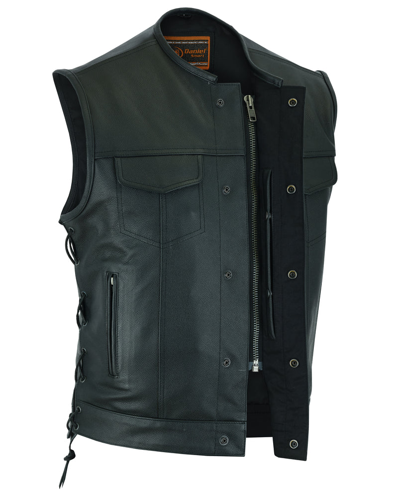 RC Men's Combat Black motorcycle Leather Vest - Gun Pockets & Side Laces
