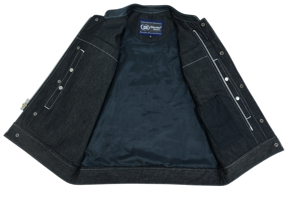 DM Men's Leather-Denim Combo Motorcycle Vest w/ Scoop Collar