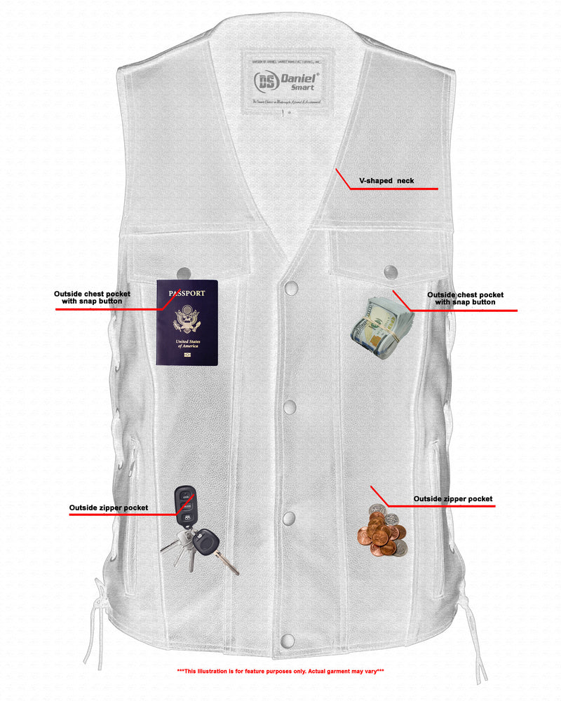 RC Men's Black Leather Vest with Side Laces and Smart Access Pockets