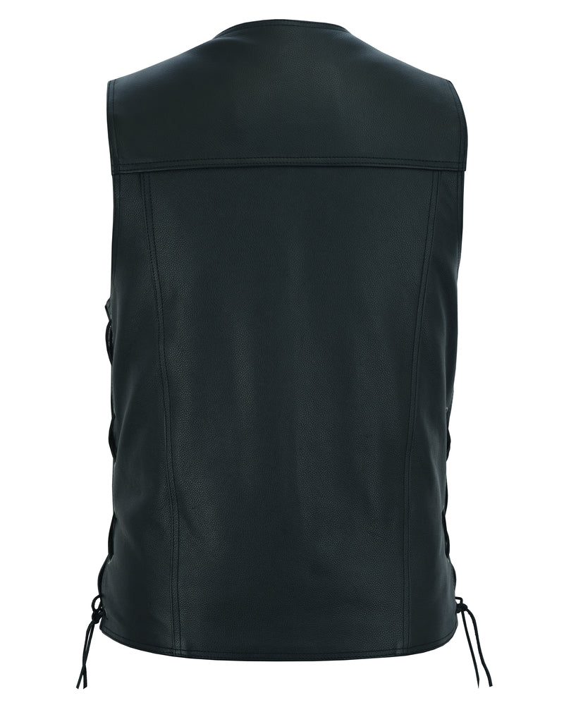 RC Men's Black Leather Vest with Side Laces and Smart Access Pockets