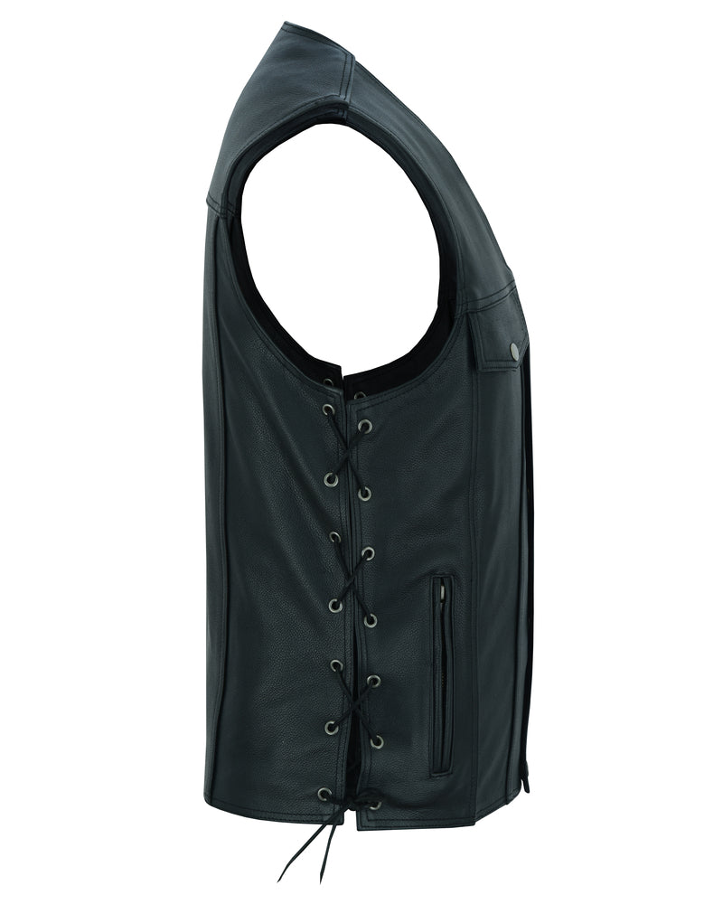 RC Men's Black Leather Vest with Side Laces and Smart Access Pockets