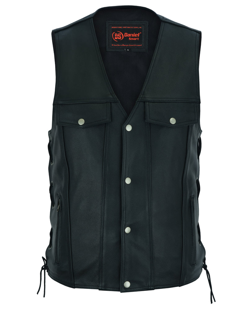 RC Men's Black Leather Vest with Side Laces and Smart Access Pockets