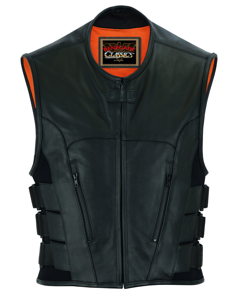 Men's Black Leather SWAT Style Motorcycle Vest