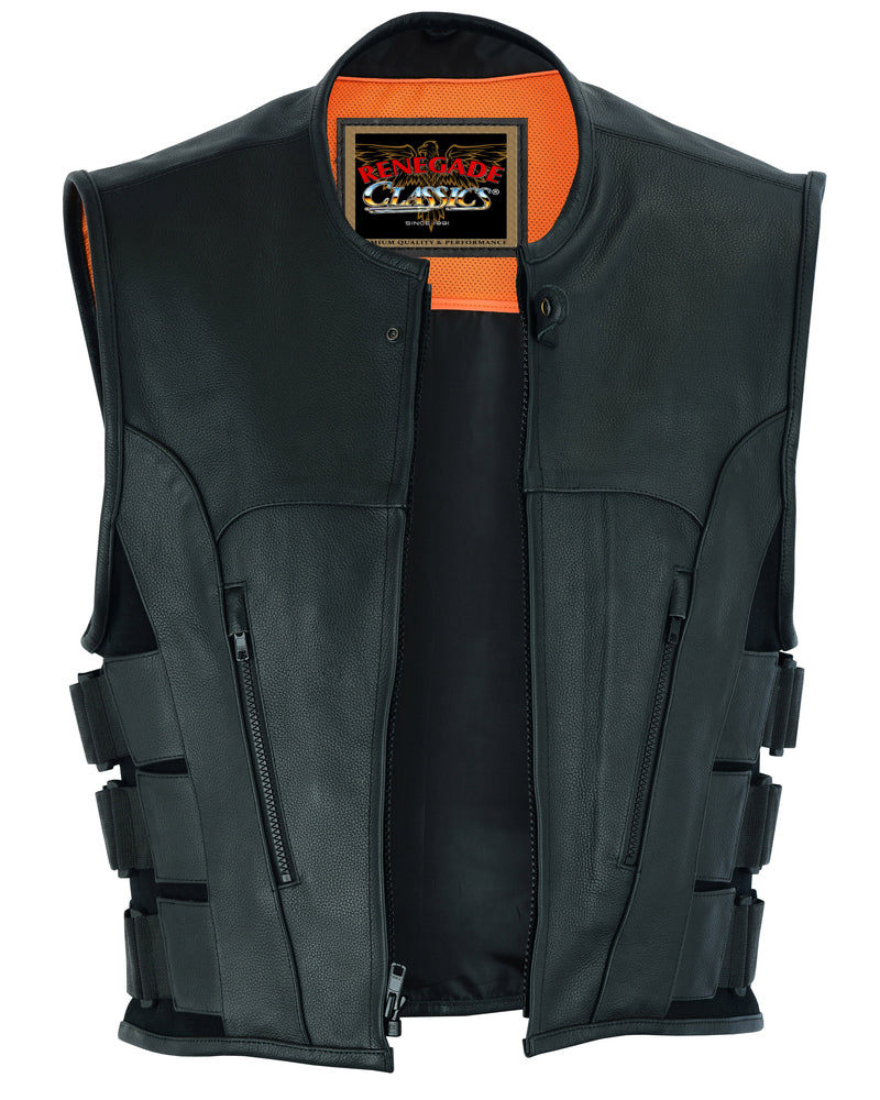 Men's Black Leather SWAT Style Motorcycle Vest