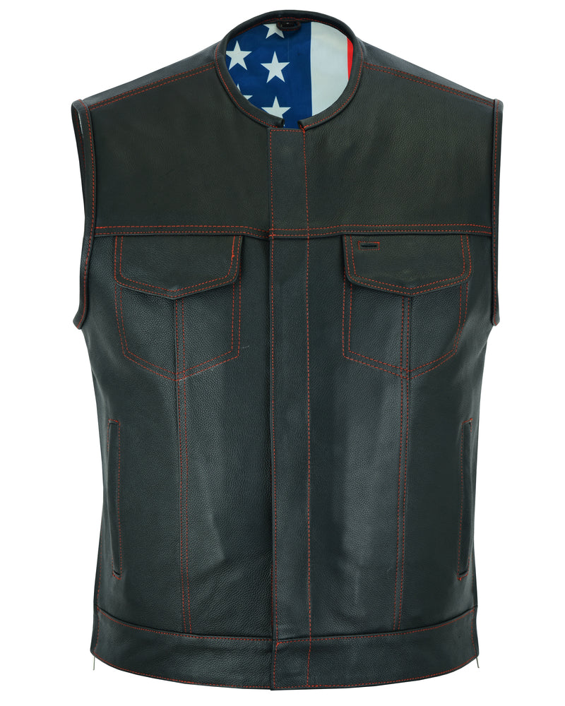 Men's Banded Collar leather Vest with USA Flag Lining & Red Stitching