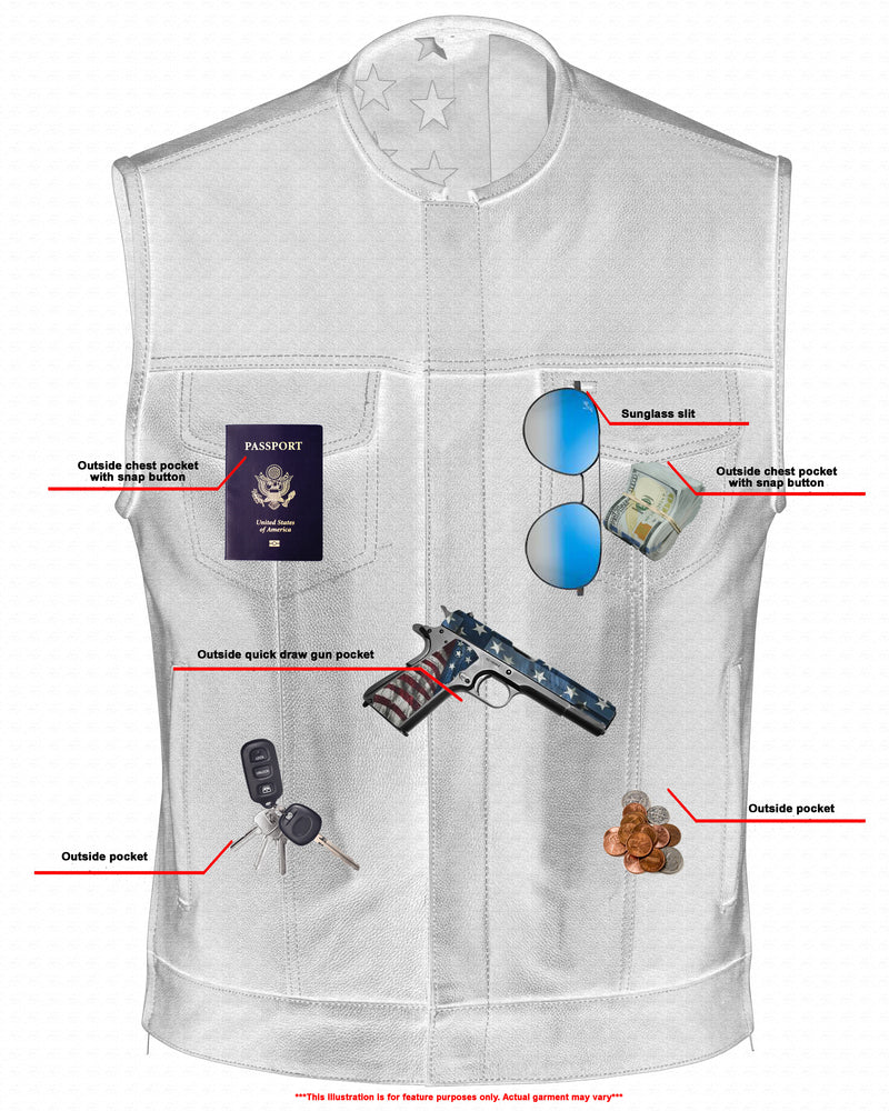 Men's Banded Collar leather Vest with USA Flag Lining & Red Stitching