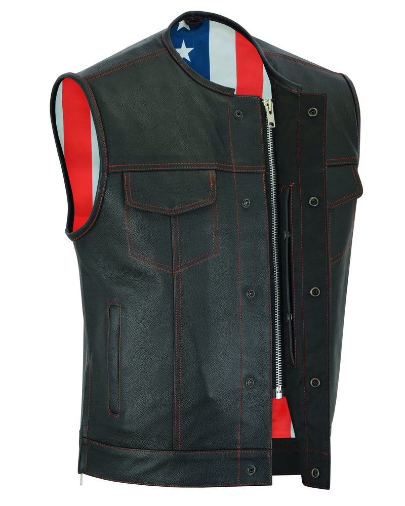 Men's Banded Collar leather Vest with USA Flag Lining & Red Stitching