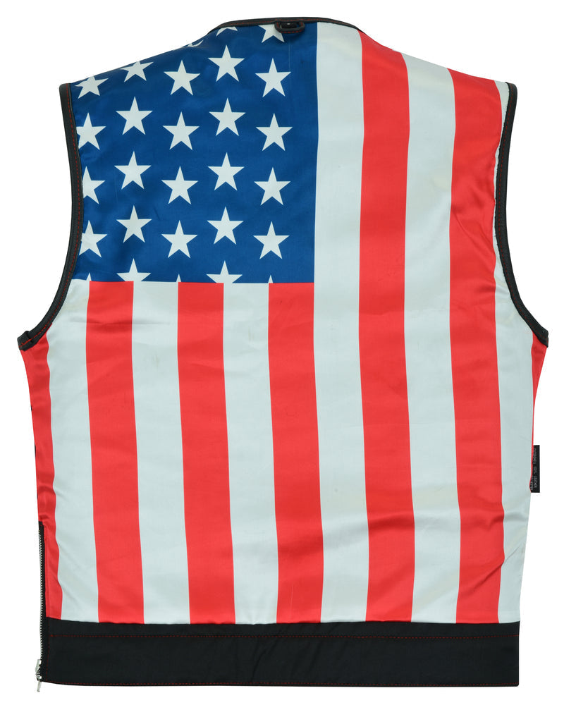 Men's Banded Collar leather Vest with USA Flag Lining & Red Stitching