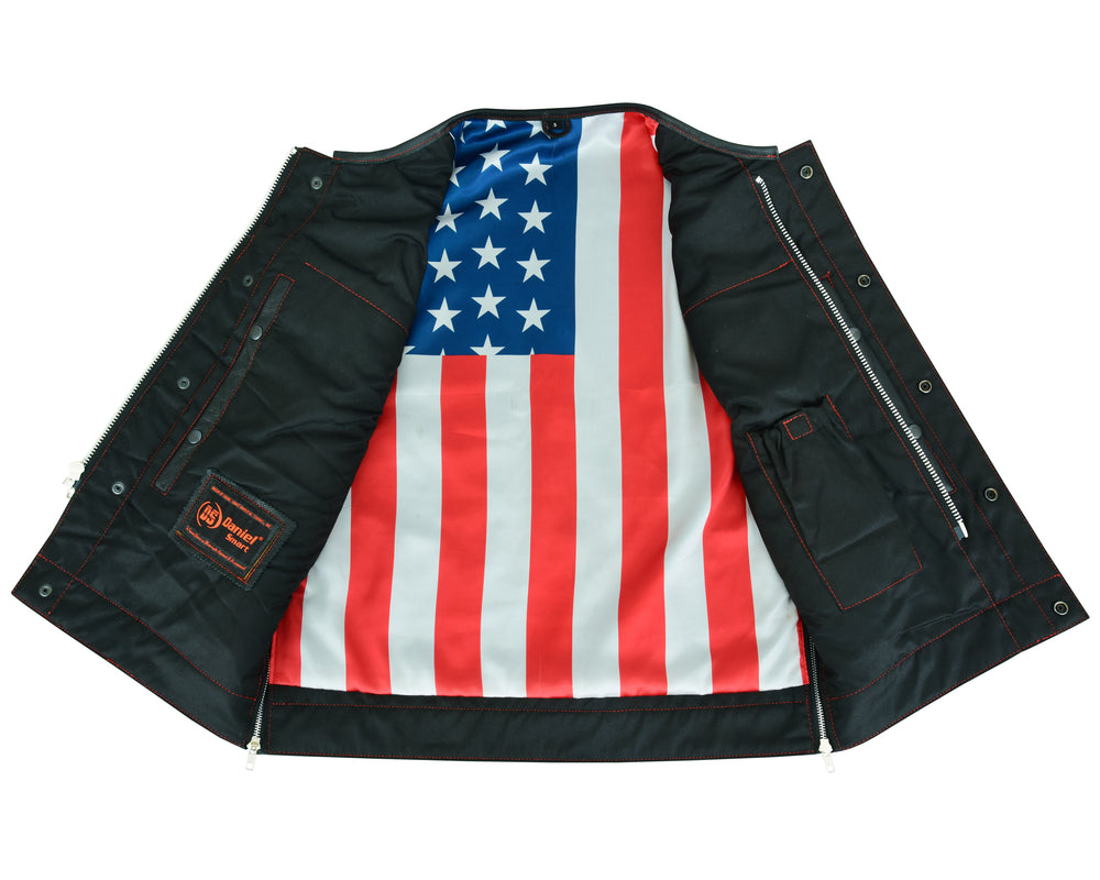 Men's Banded Collar leather Vest with USA Flag Lining & Red Stitching