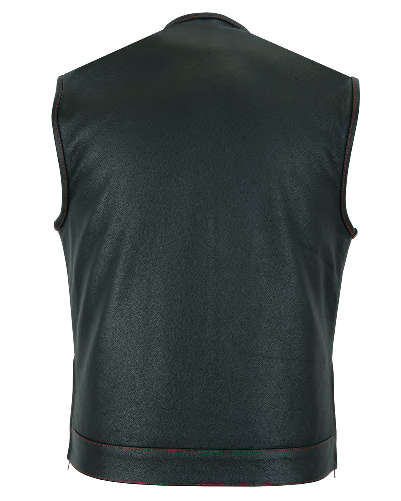 Men's Banded Collar leather Vest with USA Flag Lining & Red Stitching