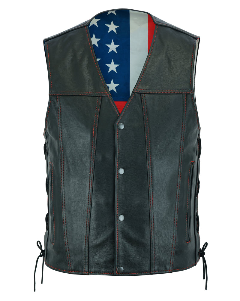RC Men's Honor Ride Black Leather Motorcycle with Vest Red Stitching