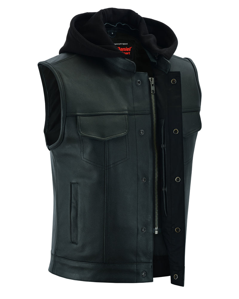 RC Men's Black Leather Motorcycle Vest with Removable Hood