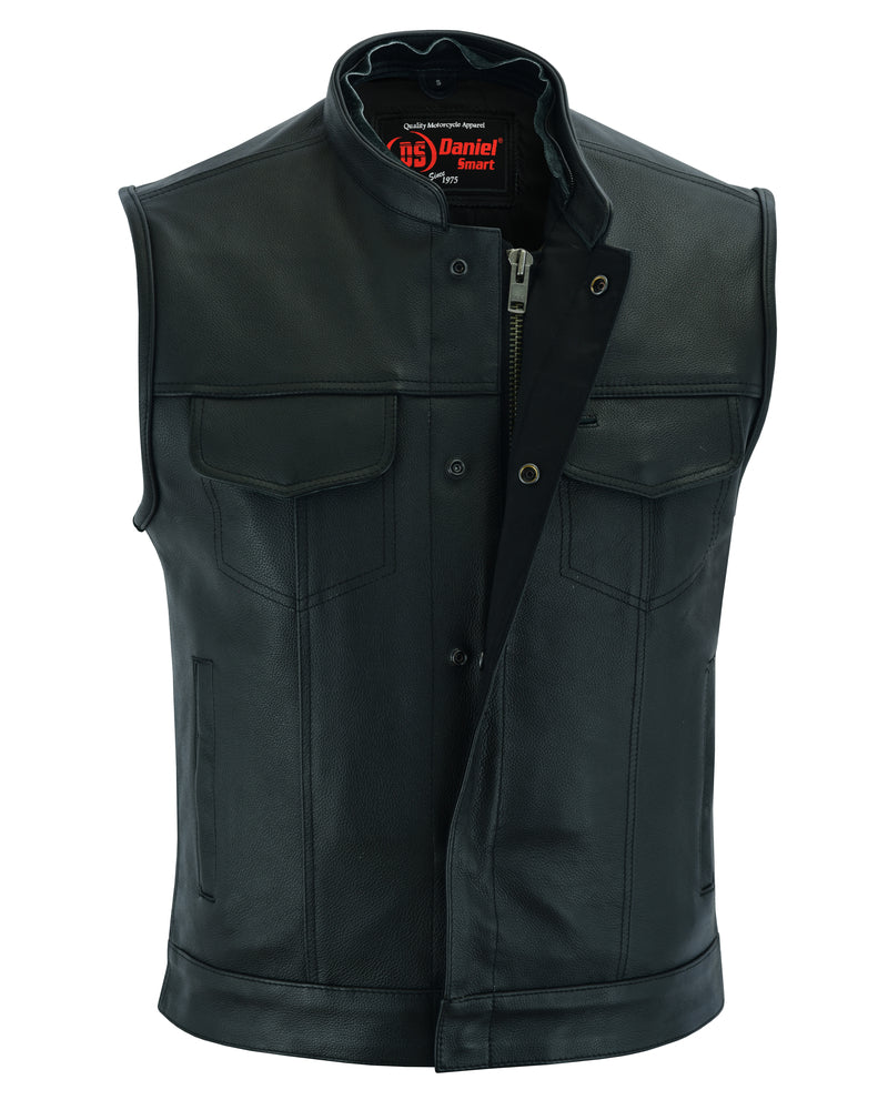 RC Men's Black Leather Motorcycle Vest with Removable Hood
