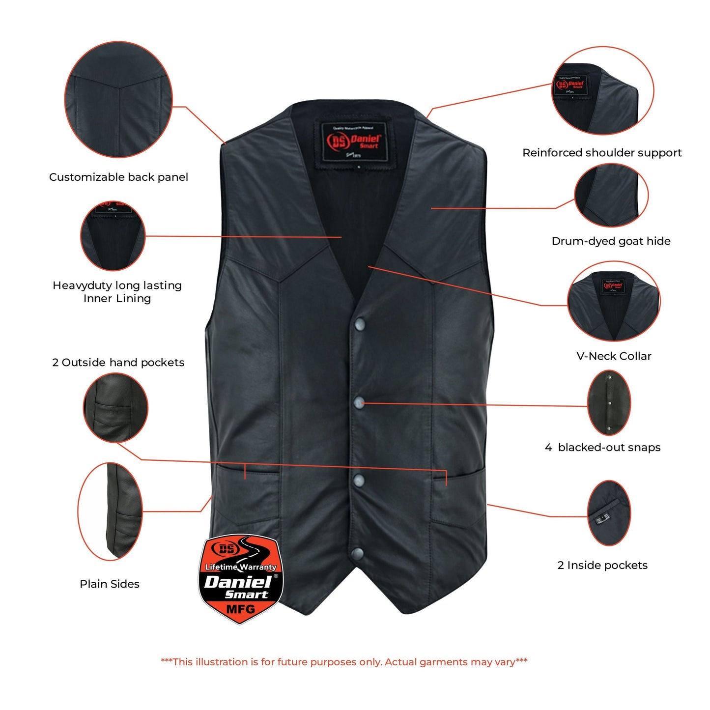 RC Men's Traditional Light Weight Black Leather Motorcycle Vest
