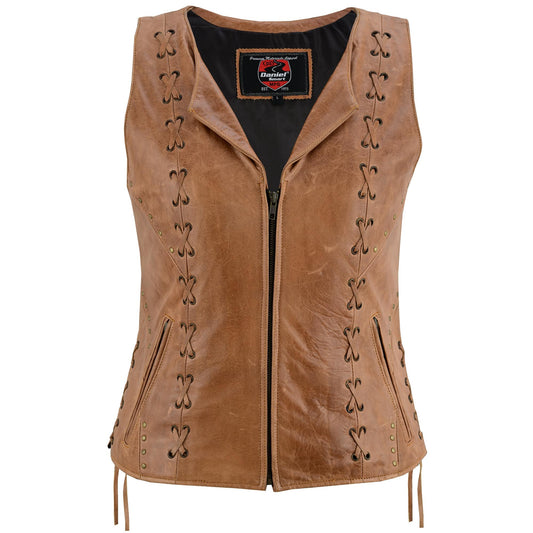 DS Women's Brown Zippered Vest with Lacing Details