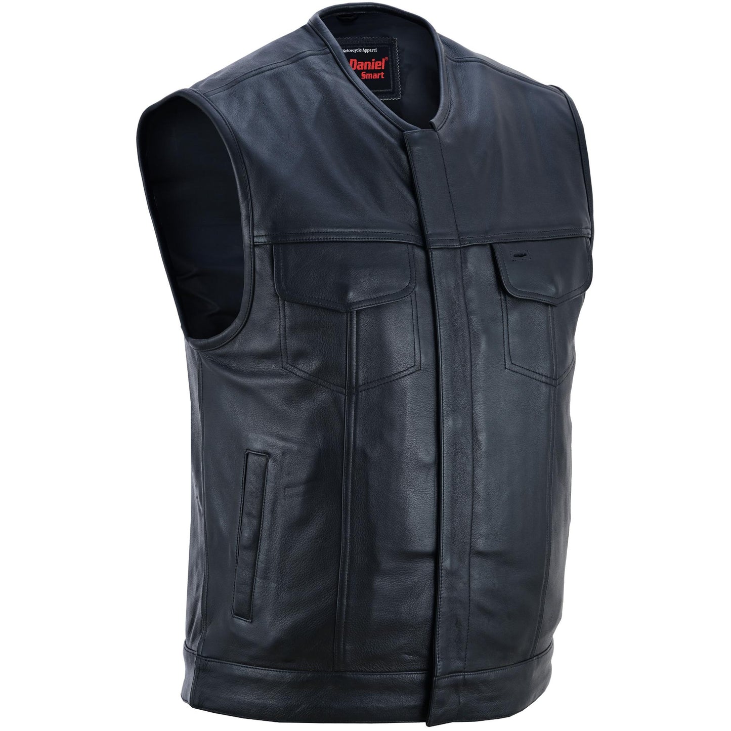 DS Men's Titan Black Leather Vest -  Milled Cowhide, Hidden Zipper