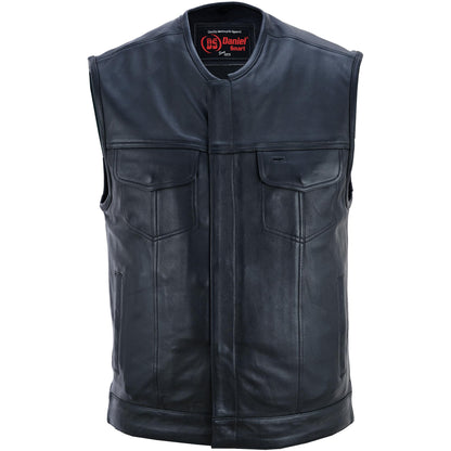 DS Men's Titan Black Leather Vest -  Milled Cowhide, Hidden Zipper