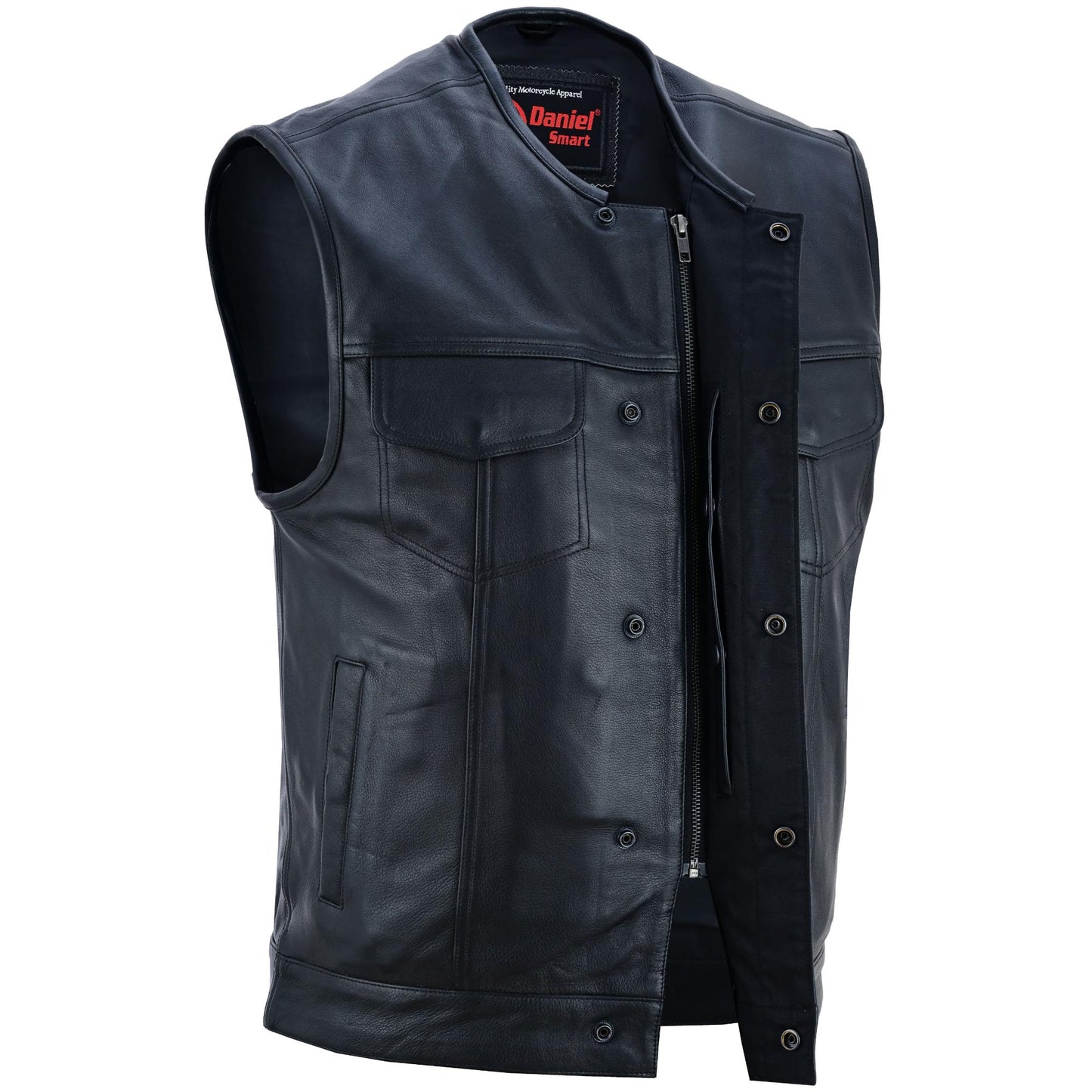 DS Men's Titan Black Leather Vest -  Milled Cowhide, Hidden Zipper