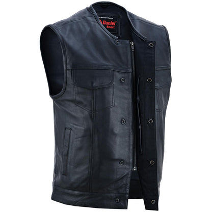 DS Men's Titan Black Leather Vest -  Milled Cowhide, Hidden Zipper