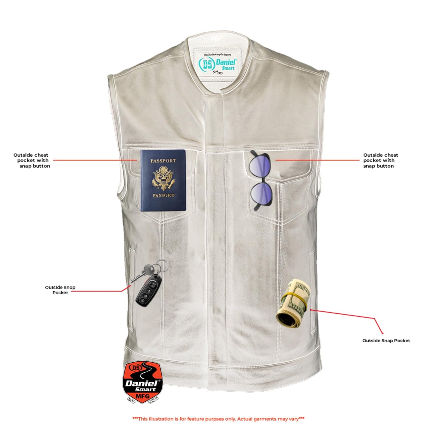 DS Men's Titan Black Leather Vest -  Milled Cowhide, Hidden Zipper