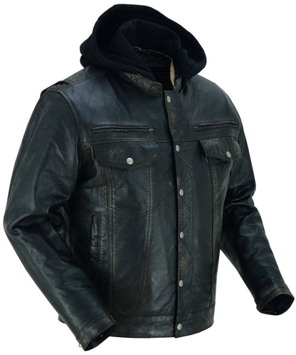 RC Men's Black Lightweight Drum Dyed  Distressed Lambskin Jacket with Removable Hoodie