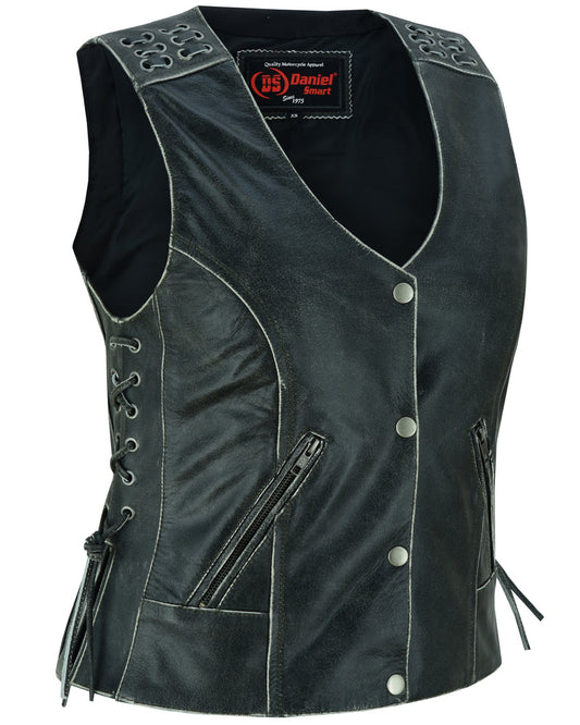 DS285V Women's Gray Vest with Grommet and Lacing Accents