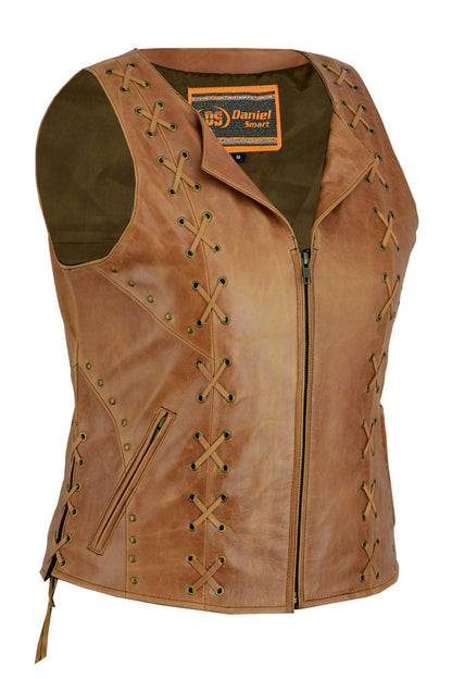 DS236 Women's Brown Zippered Vest with Lacing Details