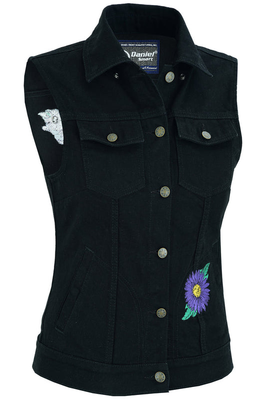 DM945 Women's Black Denim Snap Front Vest with Purple Daisy