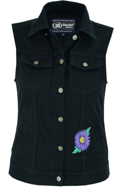 DM Women's Black Denim Snap Front Vest with Purple Daisy